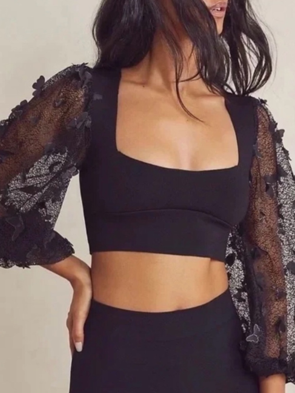 Free People Black Square-Neck Puff-Sleeve Crop Top
